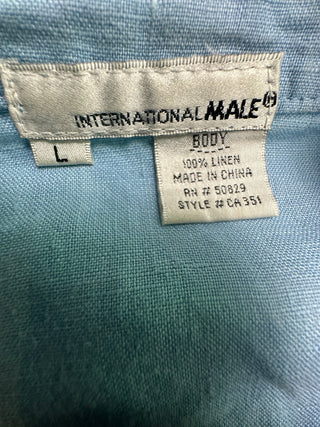 International Male Men's L Blue 100% Linen Mandarin Shirt
