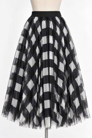 TABA Black White Geometric Tulle Mesh Maxi Skirt Size L