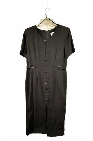Vintage Black Button Front Midi Dress with Waist Buckle