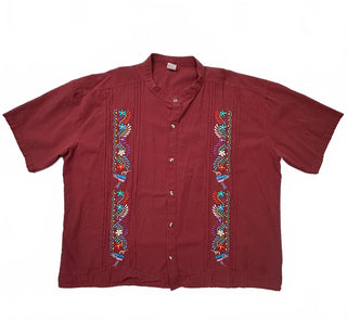 Men's Mexican Guayabera Burgundy Embroidered Shirt XL Birds
