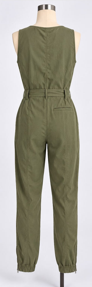 Womens Olive Green Utility Jumpsuit Sleeveless Tie Waist