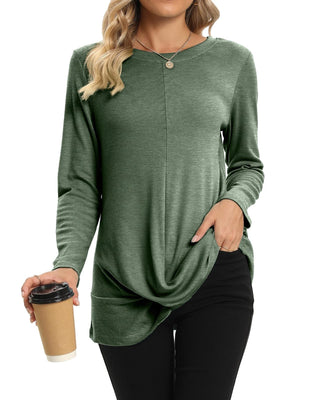 DUSDIMON Women's Long Sleeve Tunic Top Green Large L Twist Front Casual Shirt