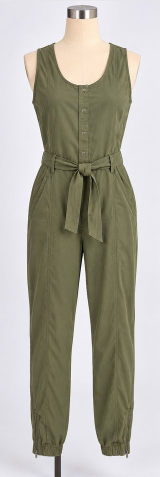 Womens Olive Green Utility Jumpsuit Sleeveless Tie Waist