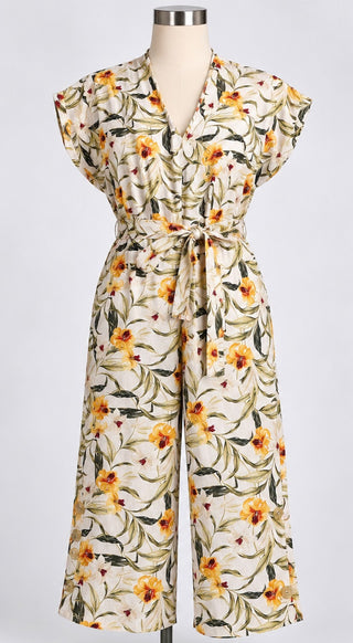 Kensie Jeans Womens XL Linen Blend Floral Wide Leg Jumpsuit