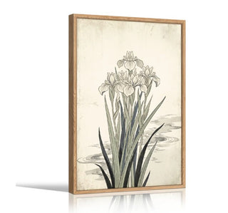 Vintage Iris Botanical Canvas Wall Art 36x47 Floral Natural Wood Frame