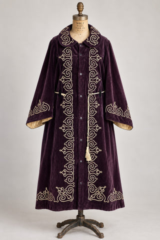 Vintage Purple Velvet Embroidered Full Length Coat Robe