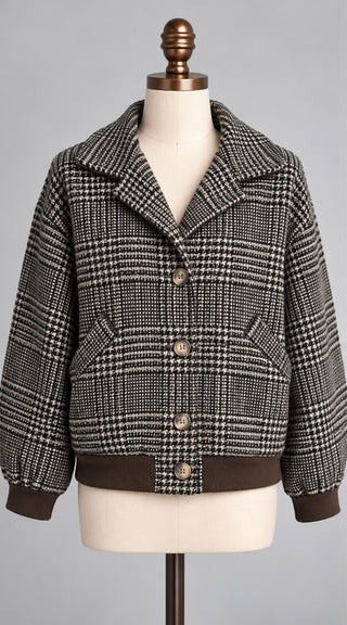 Brown Plaid Cropped Bomber Jacket Women’s L Button Front