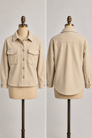 Women's Cream Fleece Shirt Jacket with Button Front and Flap