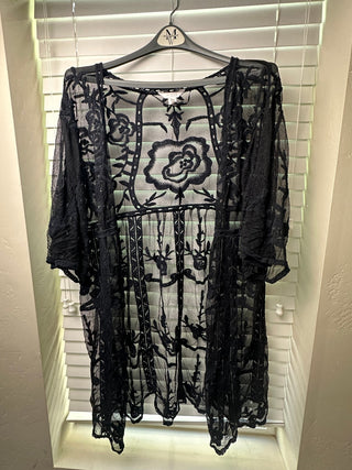 Lauren Conrad Black Floral Mesh Embroidered Kimono Cover Up