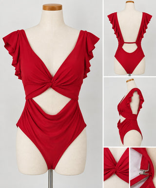 Red One-Piece Swimsuit with Ruffle Sleeves and Cutout Detail