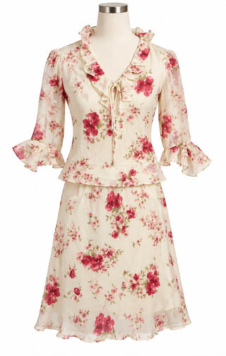 Just In Thyme Ltd Floral 2pc Skirt Blouse Size 10 Cream Pink