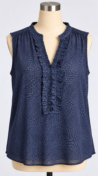 41 Hawthorn Womens L Navy Blue Dot Print Ruffle Blouse
