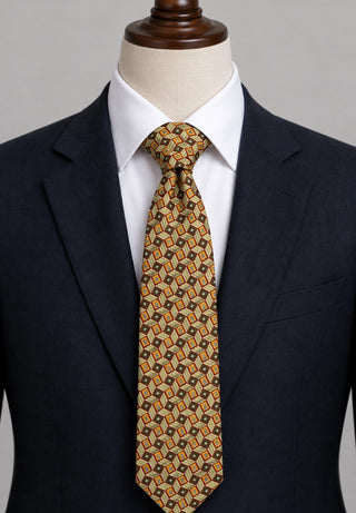 Jhane Barnes Silk Necktie Green Gold Geometric Pattern Made in USA