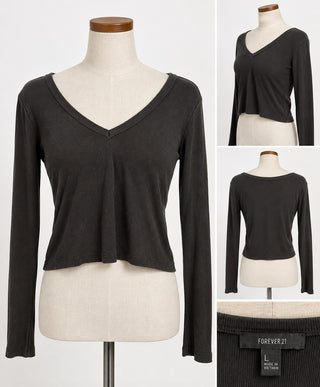 Forever 21 Black Long Sleeve V-Neck Crop Top XL