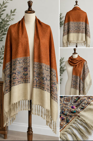 Bohemian Oversized Burnt Orange & Cream Shawl with Beaded