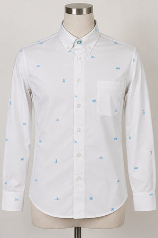& Collar Slim Fit White Dress Shirt with Blue Patterned Med.