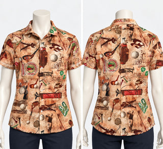 Vintage Golf Themed Short Sleeve Button-Up Shirt Medium