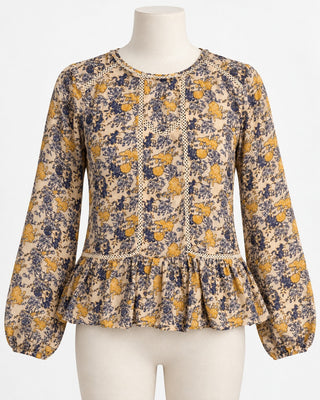 Women's Floral Boho Peplum Blouse Lace Trim Long Sleeve