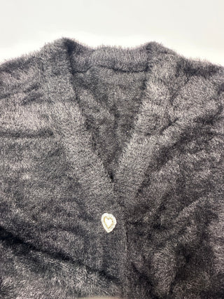 Yesfashion Black Fuzzy Heart Button Cardigan Women’s L