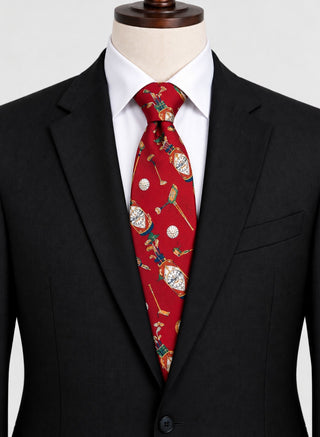 Tabasco Red Golf Themed Silk Tie with Golf Clubs and Balls