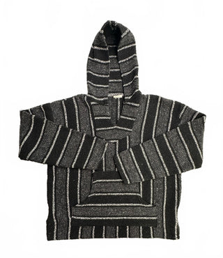 Black Gray Striped Baja Hoodie Mexican Poncho Pullover