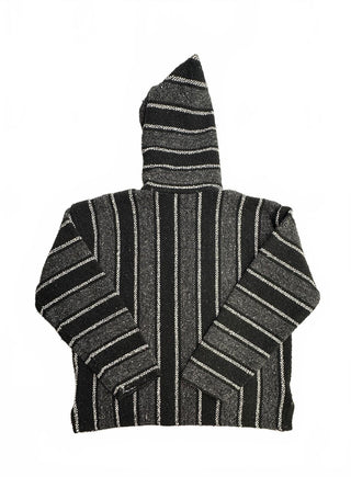 Black Gray Striped Baja Hoodie Mexican Poncho Pullover