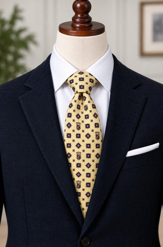 Vintage Crest Patterned Silk Tie Yellow Navy
