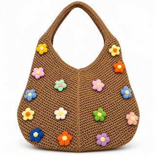 NEW Brown Crochet Hobo Shoulder Bag Floral Boho Knit Purse