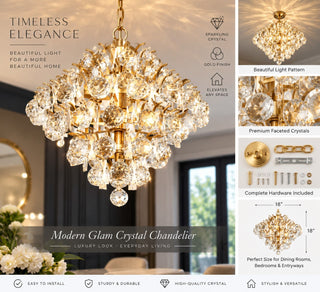 Modern Gold Crystal Chandelier Hanging Pendant Light Adjustable Chain 15"