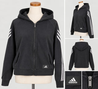Adidas Black Full Zip Hoodie with White Stripes on Sleeves