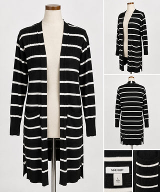 Nine West Black and White Striped Long Cardigan Sweater Size