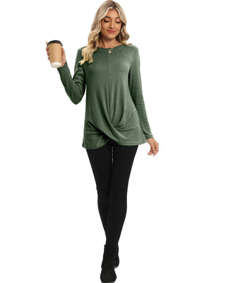 DUSDIMON Women's Long Sleeve Tunic Top Green Large L Twist Front Casual Shirt