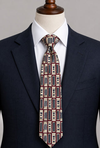 Nordstrom Silk Tie Burgundy Beige Blue Geometric Pattern Classic Men’s