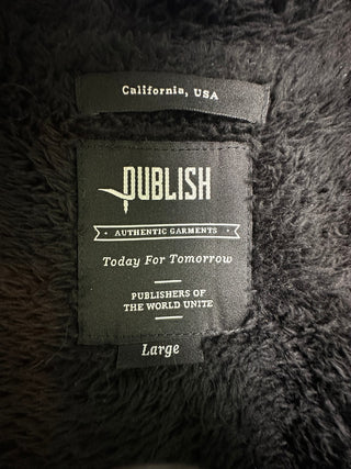 Publish Large Black Faux Fur Plush Coat with Button Closure