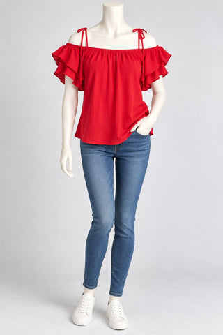 SHEIN Women's Red Off Shoulder Ruffle Sleeve Top Size L 8/10