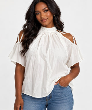 SHEIN Women's White Cold Shoulder Turtleneck Top with Pearl Button, Size L