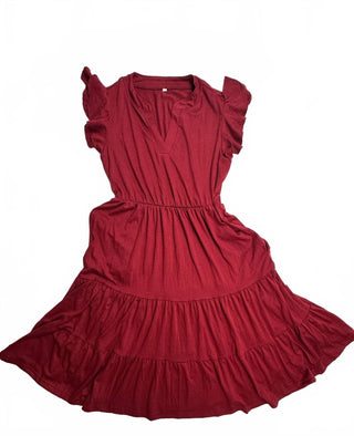 Women's Burgundy Tiered Midi Dress with Ruffle Flutter Sleeves, V-Neck, and Fit