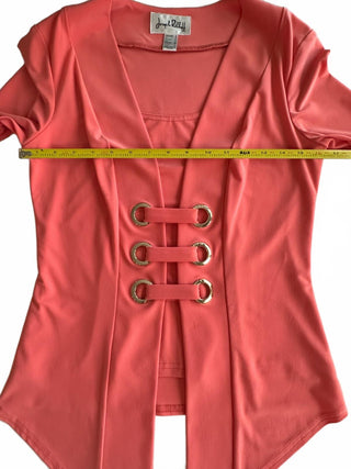 Joseph Ribkoff Coral Pink 3/4 Sleeve Top with Silver Eyelet