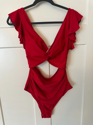 Red One-Piece Swimsuit with Ruffle Sleeves and Cutout Detail