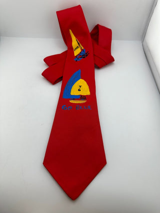 Vintage Red 'Go Blue' Sailboat Patterned Tie
