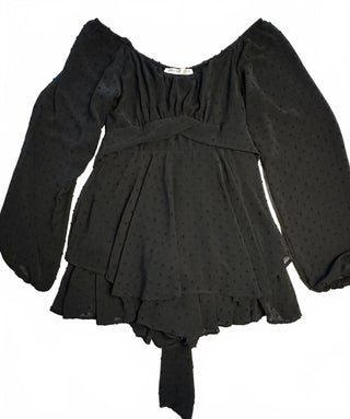 Altar’d State Black Swiss Dot Romper M Long Sleeve Tie Waist Boho Ruffle Shorts