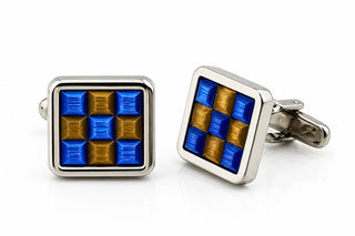 Square Blue and Gold Checkered Cufflinks with Bullet Back