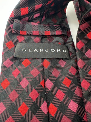 Sean John Red Black Diamond Check Silk Tie Men’s Classic Necktie