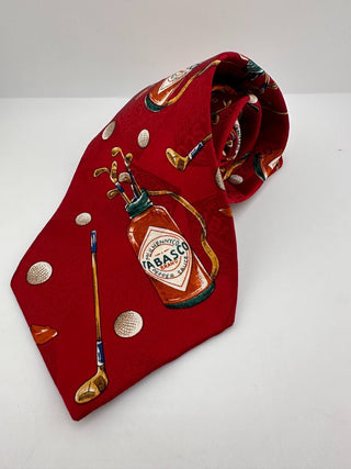 Tabasco Red Golf Themed Silk Tie with Golf Clubs and Balls