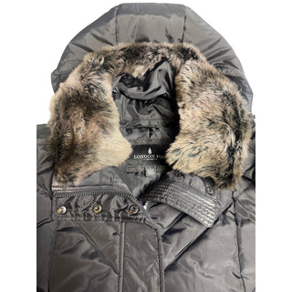 London Fog Womens Small Black Down Puffer Coat Faux Fur Hood Winter Jacket