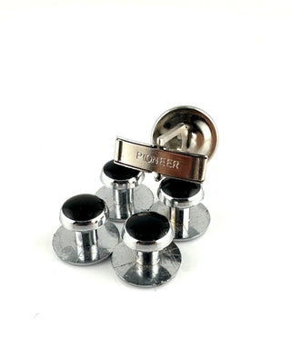 Vintage Pioneer Black Onyx Single Cufflink + 4 Studs Silver Tone Set