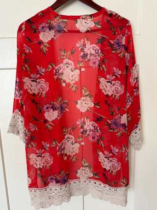 Rewind Red Floral Sheer Kimono with Crochet Lace Trim, Size