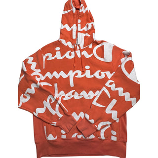 Champion Reverse Weave All Over Print Hoodie Men’s L Orange White Script AOP