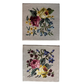 Vintage Floral Needlepoint Tapestry Pair Roses Flowers Handmade Wall Art