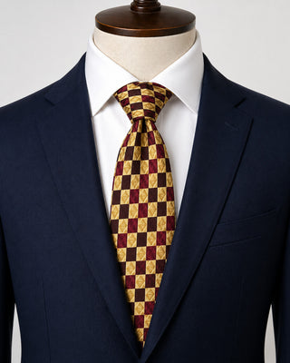 Oscar de la Renta 100% Silk Tie Burgundy Geometric Check Designer 57”